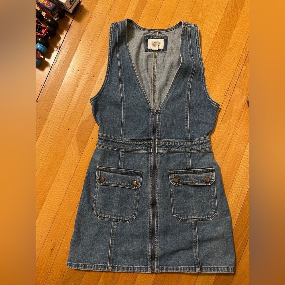 Forever 21 denim jeans deep v-neck mini dress low cut body con full zip M romper